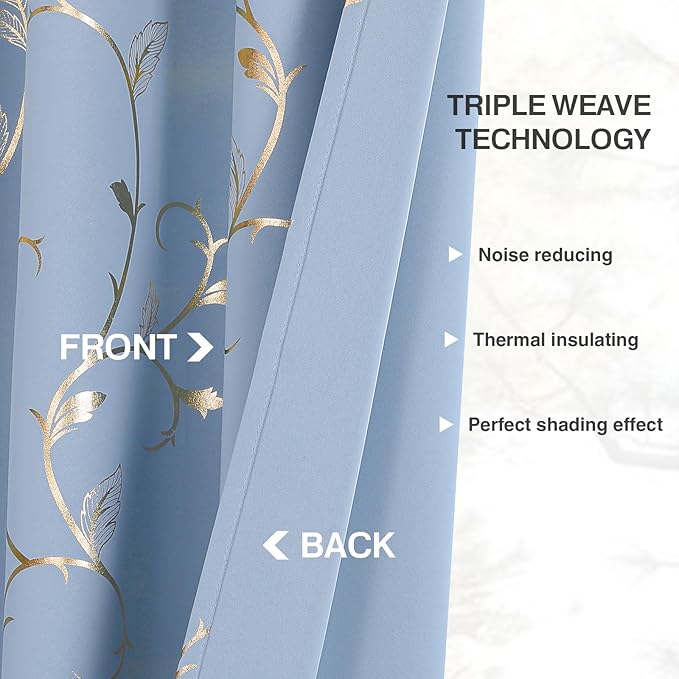 BUHUA Blackout Curtains Gold Foil Print Flower Vine Grommet Drapes, Room - Image 6