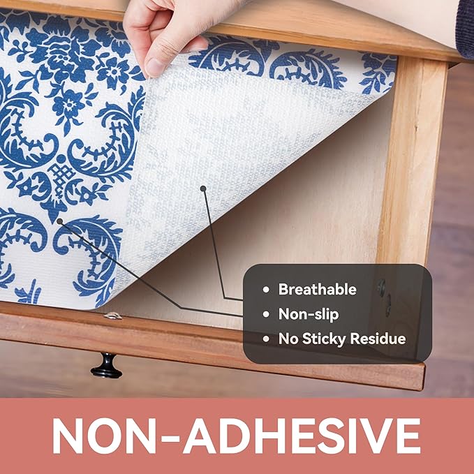 RAY STAR Shelf Liner, 12 Inch x 10 Feet Non Adhesive Vintage Navy Blue Floral - Image 8