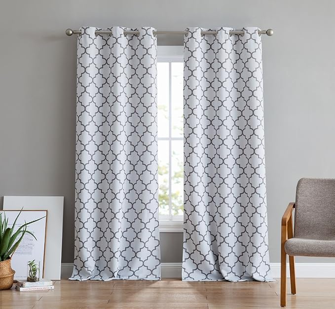 HLC.ME Lattice Print White and Grey Blackout Curtains 72 Long by HomeLinenCollections