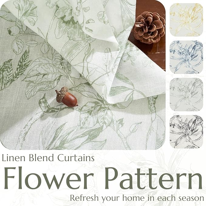 jinchan Floral Curtains 63 Inch Length Sage Green Flower Linen Farmhouse Curtain - Image 4