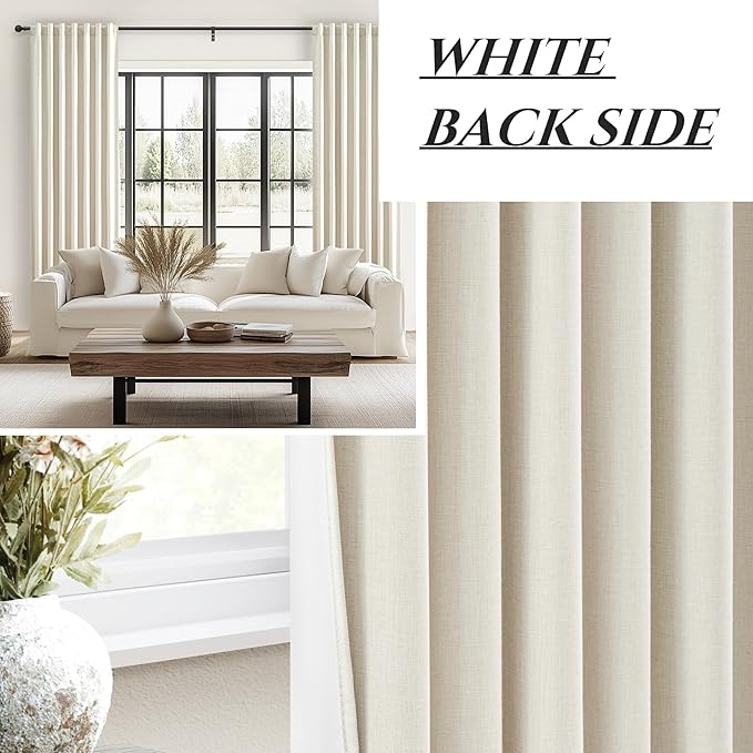 Floor to Ceiling Full Blackout Cream Linen 108 Inch Curtains 2 Panels Set - Image 5