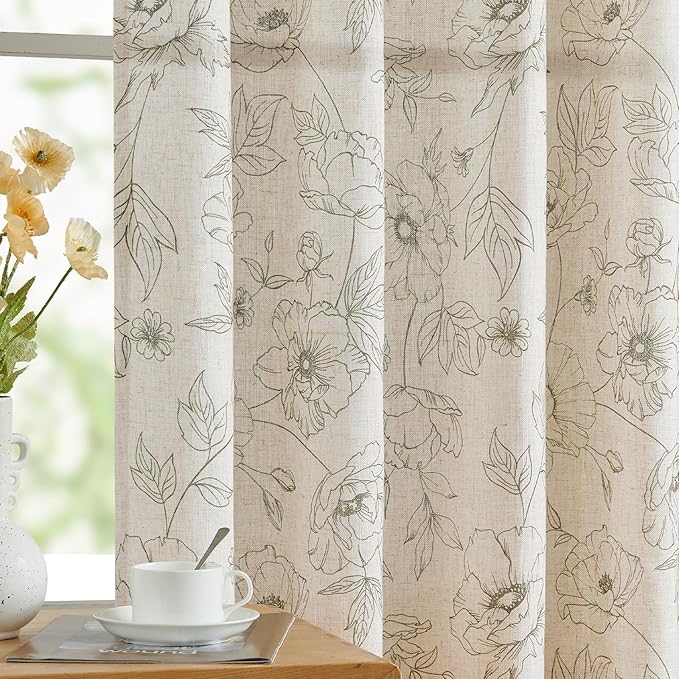 jinchan Floral Linen Curtains for Living Room 84 Inch Length Green Flower by JINCHAN