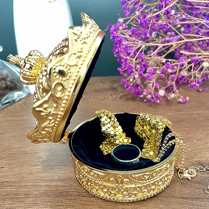 Crown Shape Jewelry Chest, Yurt Style Vintage Metal Gem Box, Round Alloy Retro - Image 3