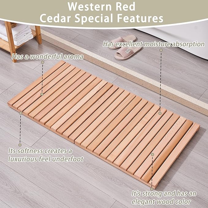 bingaai Cedar Wood Bath Mat 48 × 23.6 in, Wooden Bath Mats, Cedar Wood Shower - Image 2