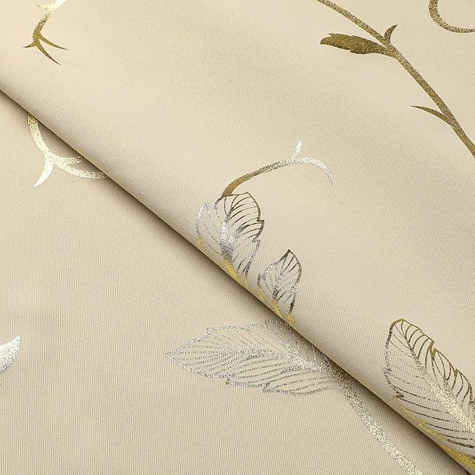 BUHUA Blackout Curtains Gold Foil Print Flower Vine Grommet Drapes, Room - Image 5