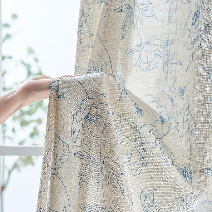 jinchan Floral Linen Curtains for Living Room 84 Inch Length Blue Flower - Image 6