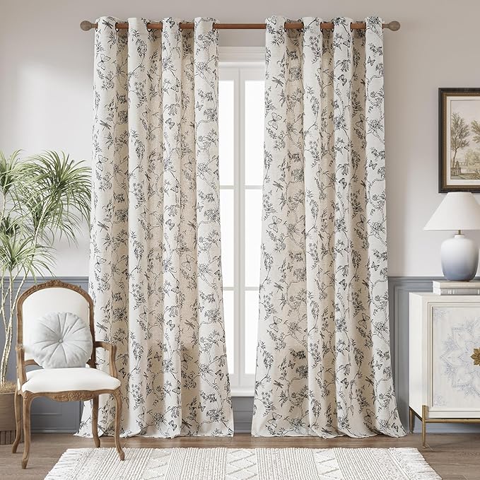 jinchan Floral Linen Curtains for Living Room 96 Inch Length Butterfly Curtain by JINCHAN
