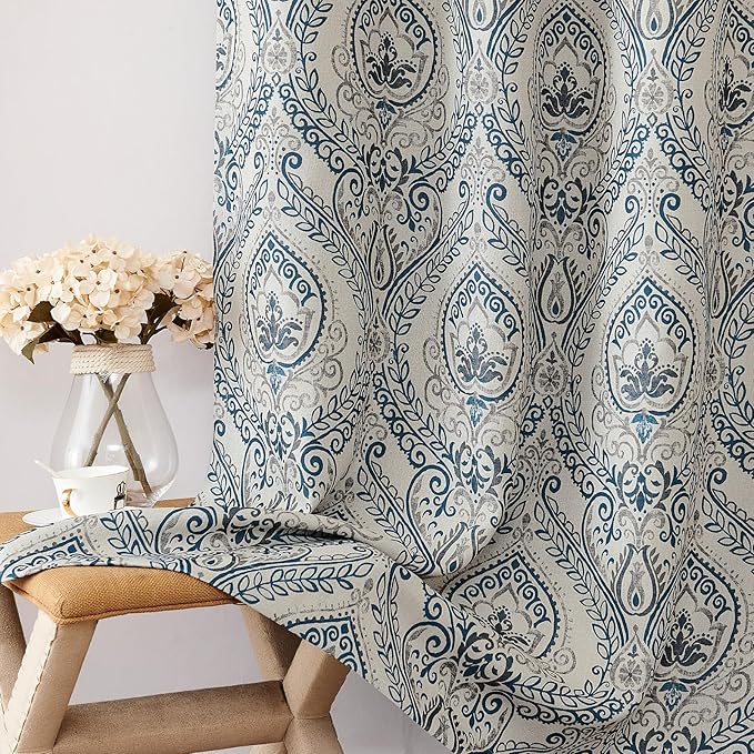 Vangao Vintage Damask Blue Curtains 96 Inch Blackout Curtains Linen Textured - Image 8
