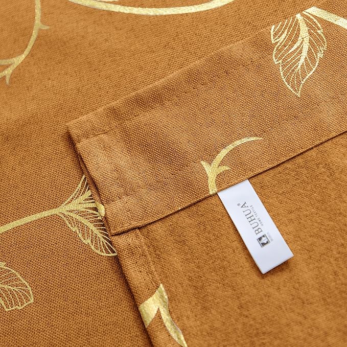 BUHUA Semi Sheer Curtain 2 Panels Gold Vine Foil Print Floral Textured Linen - Image 5