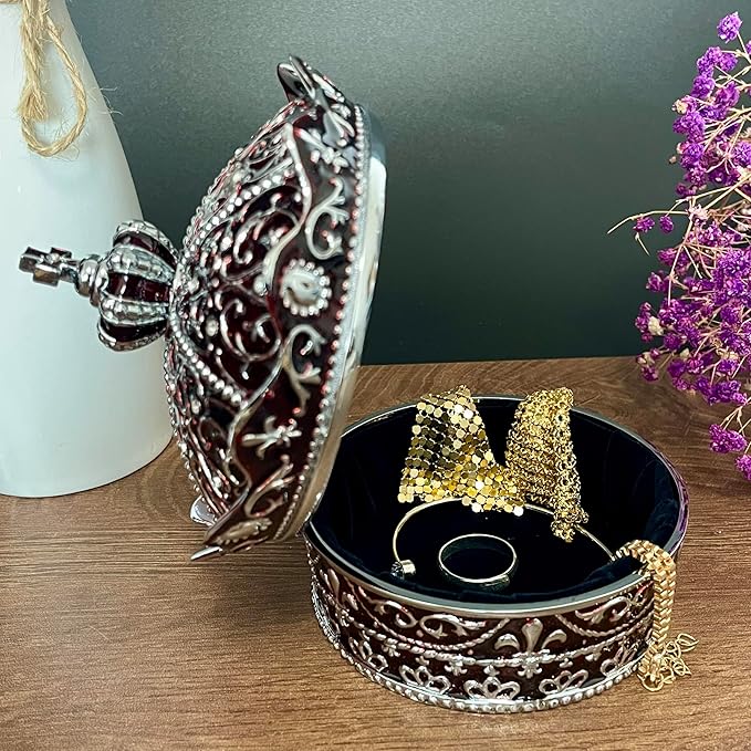 Crown Shape Jewelry Chest, Yurt Style Vintage Metal Gem Box, Round Alloy Retro - Image 3