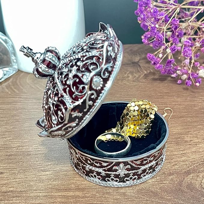Crown Shape Jewelry Chest, Yurt Style Vintage Metal Gem Box, Round Alloy Retro - Image 3