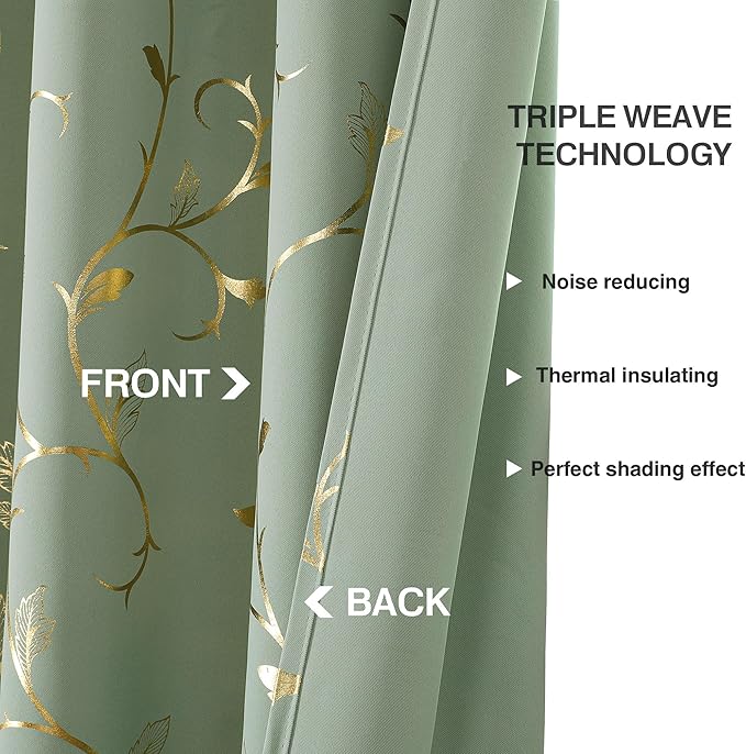 BUHUA Blackout Curtains Gold Foil Print Flower Vine Grommet Drapes, Room - Image 8