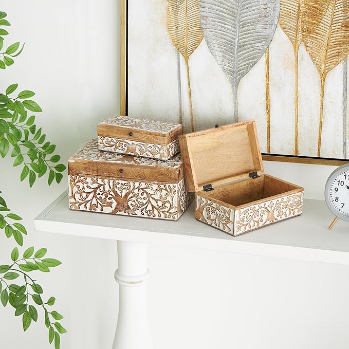 Deco 79 Mango Wood Floral Decorative Box Decorative Keepsake Boxes - Image 3