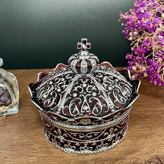 Crown Shape Jewelry Chest, Yurt Style Vintage Metal Gem Box, Round Alloy Retro - Image 2