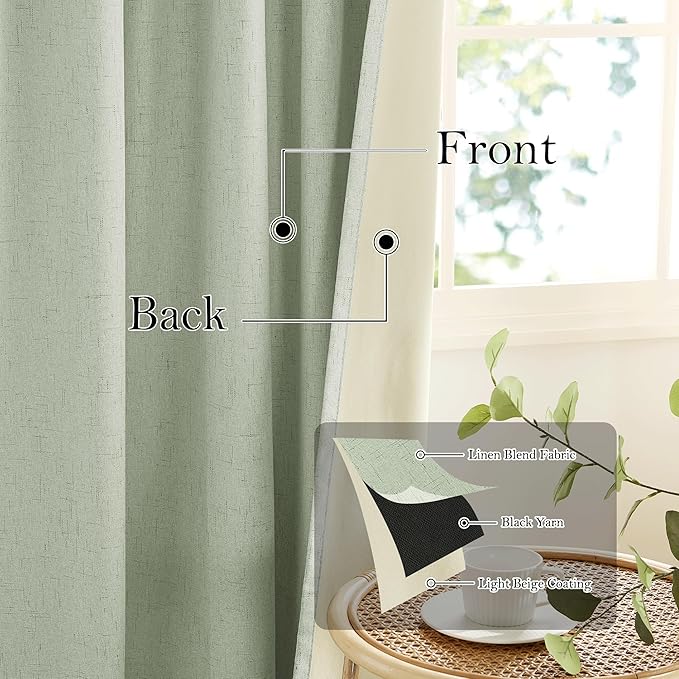 RYB HOME 100% Blackout Sage Green Linen Curtains, Light & Heat Blocking Thermal - Image 3