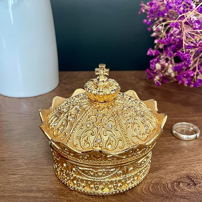 Crown Shape Jewelry Chest, Yurt Style Vintage Metal Gem Box, Round Alloy Retro - Image 2