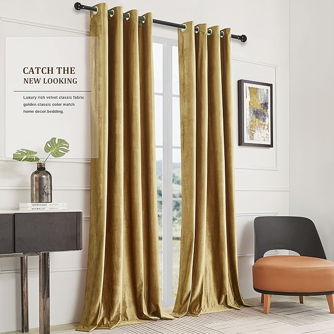 BULBUL Velvet Gold Curtains 96 inch Length- Living Room Blackout Thermal Window - Image 9