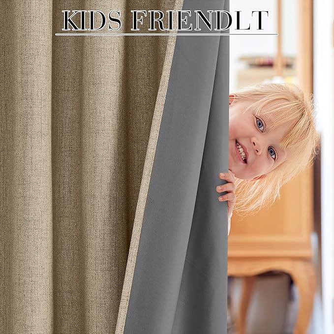 RYB HOME Burlap 100% Blackout Curtains 63 inch Long, Light Blacking & Thermal - Image 5