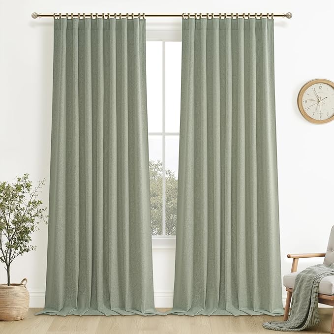 Sage Green Blackout Linen Curtains 102 Inches Long by QJMYDECO