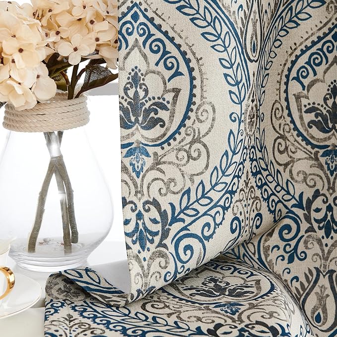 Vangao Vintage Damask Blue Curtains 63 Inch Long Blackout Curtains Linen - Image 9
