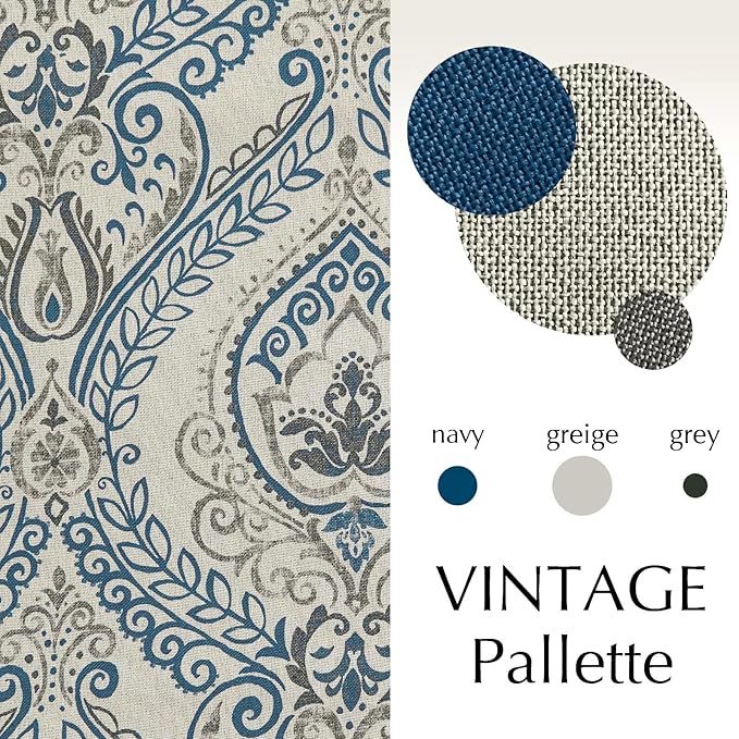 Vangao Vintage Damask Blue Curtains 63 Inch Long Blackout Curtains Linen - Image 3