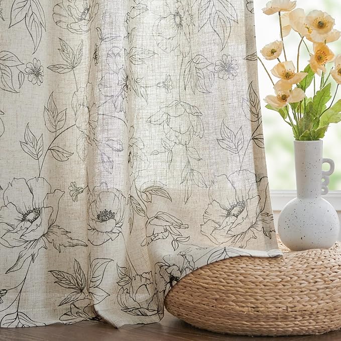 jinchan Floral Linen Curtains for Living Room 63 Inch Length Grey Flower - Image 7