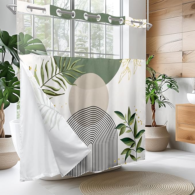Sage Green Boho No Hooks Shower Curtain - Image 2
