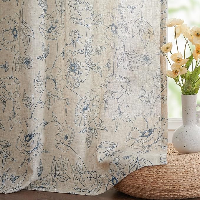 jinchan Floral Linen Curtains for Living Room 63 Inch Length Blue Flower - Image 7