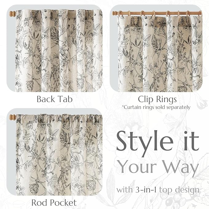 jinchan Floral Curtains 96 Inches Long Black Flower Linen Farmhouse Curtain - Image 5