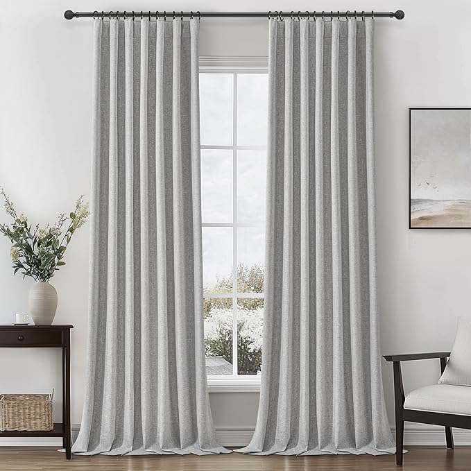 Gray 100% Black Out Linen Curtains 120 Inches Long 2 Panels Set by QJMYDECO