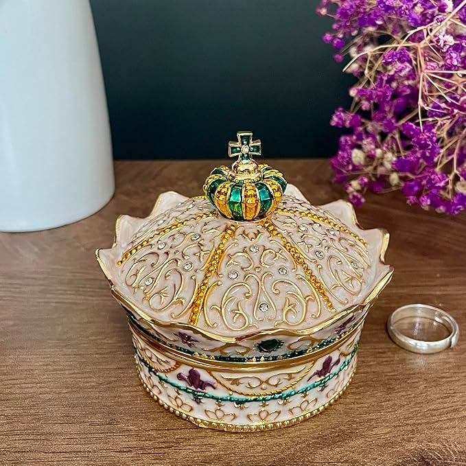 Crown Shape Jewelry Chest, Yurt Style Vintage Metal Gem Box, Round Alloy Retro - Image 2