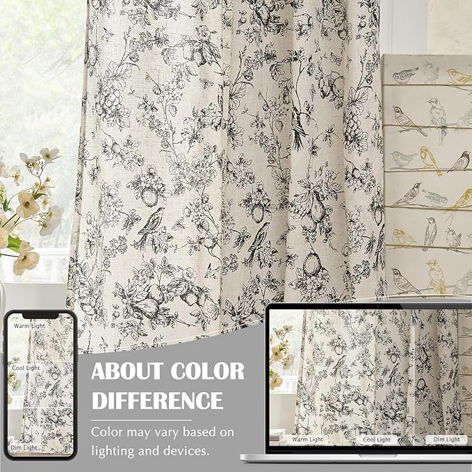jinchan Linen Floral Curtains for Living Room 63 Inch Length Black Printed - Image 5
