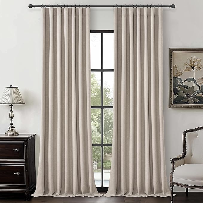 Grey Flax Extra Long Curtains 120 inch Length 2 Panels Set, Hook Belt&Rod by QJMYDECO