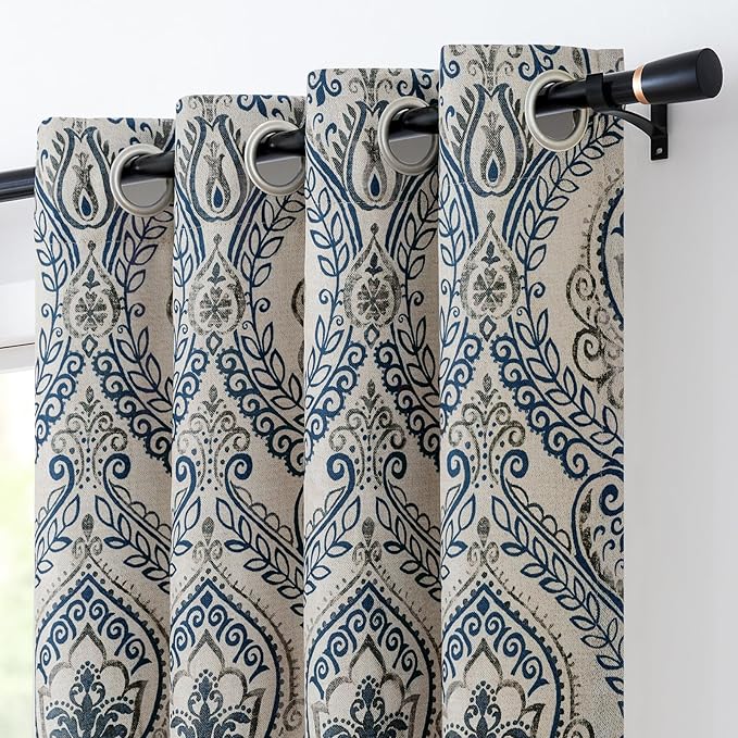 Vangao Vintage Damask Blue Curtains 63 Inch Long Blackout Curtains Linen by Vangao