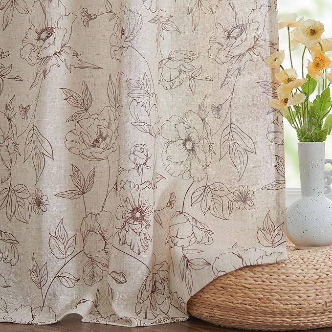 jinchan Floral Linen Curtains for Living Room 84 Inch Length Brown Flower - Image 6