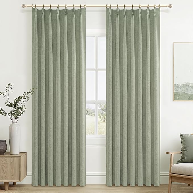 Sage Green Blackout Linen Curtains 84 Inches Long by QJMYDECO