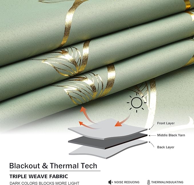 BUHUA Blackout Curtains Gold Foil Print Flower Vine Grommet Drapes, Room - Image 5