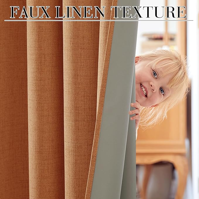 RYB HOME Burnt Orange Total Blackout Curtains Linen Texture, Rustic Fall - Image 3