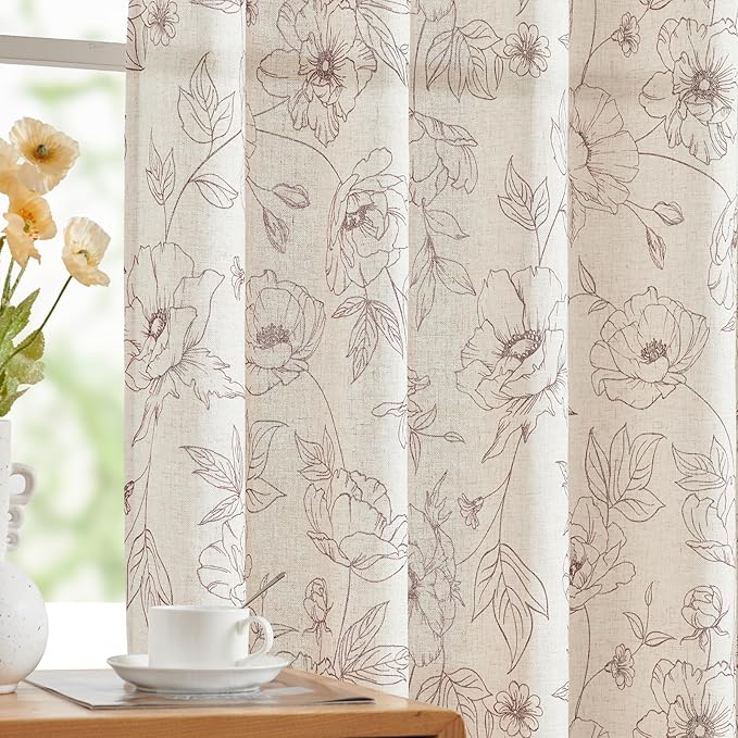 jinchan Floral Linen Curtains for Living Room 84 Inch Length Brown Flower by JINCHAN