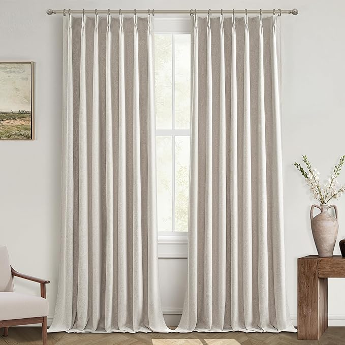 Primitive Curtain 108 Inch Long 2 Panels Burg, Pinch Pleated Cream Linen by QJMYDECO