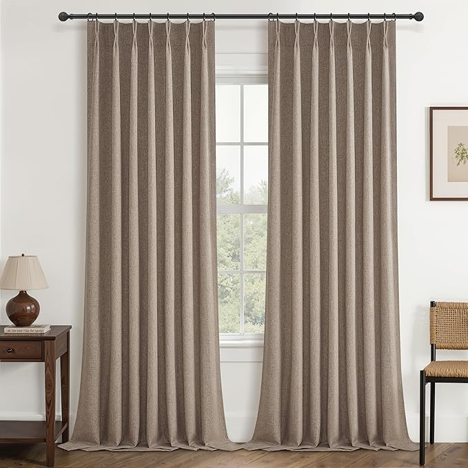 Dark Flax Linen Pinch Pleated Dining Room Extra Length Curtains 100 Inches Long by QJMYDECO