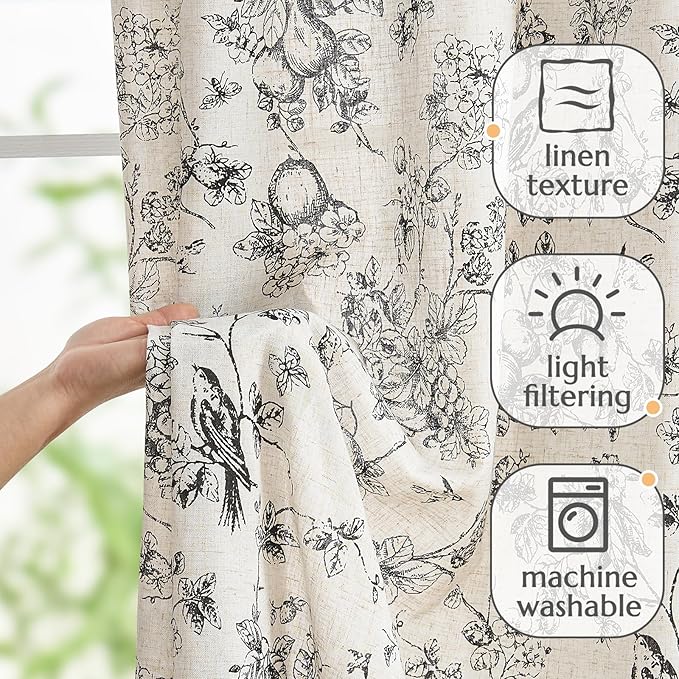 jinchan Linen Floral Curtains for Living Room 63 Inch Length Black Printed - Image 3