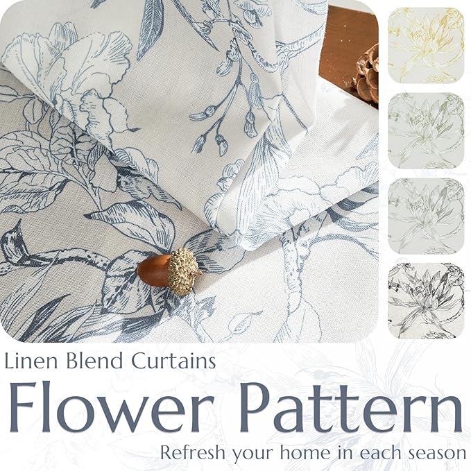 jinchan Floral Curtains 108 Inch Length Blue Flower Linen Farmhouse Curtain - Image 5