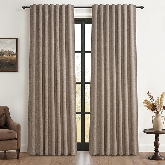 Dark Flax 100% Blackout Curtains 86 Inch Length 2 Panels Set Farmhouse Style by QJMYDECO