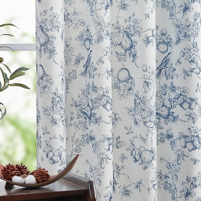 jinchan Linen Floral Curtains for Living Room 63 Inch Length Blue Printed by JINCHAN