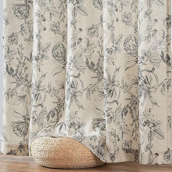 jinchan Floral Curtains 63 Inch Length Black Flower Linen Farmhouse Curtain - Image 7