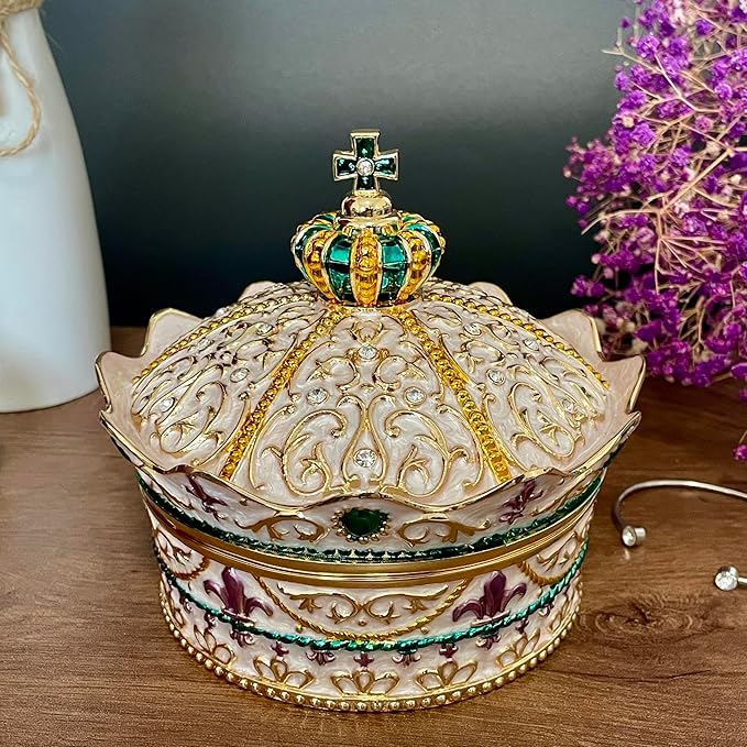 Crown Shape Jewelry Chest, Yurt Style Vintage Metal Gem Box, Round Alloy Retro - Image 2
