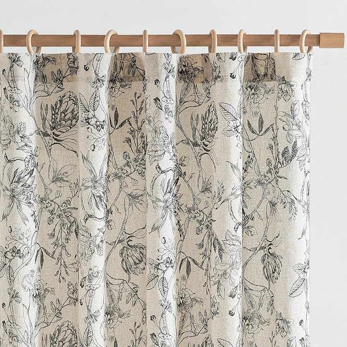 jinchan Floral Curtains 84 Inches Long Black Flower Linen Farmhouse Curtain by JINCHAN