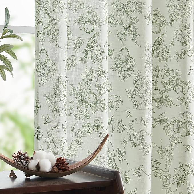 jinchan Linen Floral Curtains for Living Room 84 Inch Long Sage Green Printed by JINCHAN