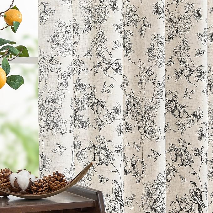 jinchan Linen Floral Curtains for Living Room 63 Inch Length Black Printed by JINCHAN